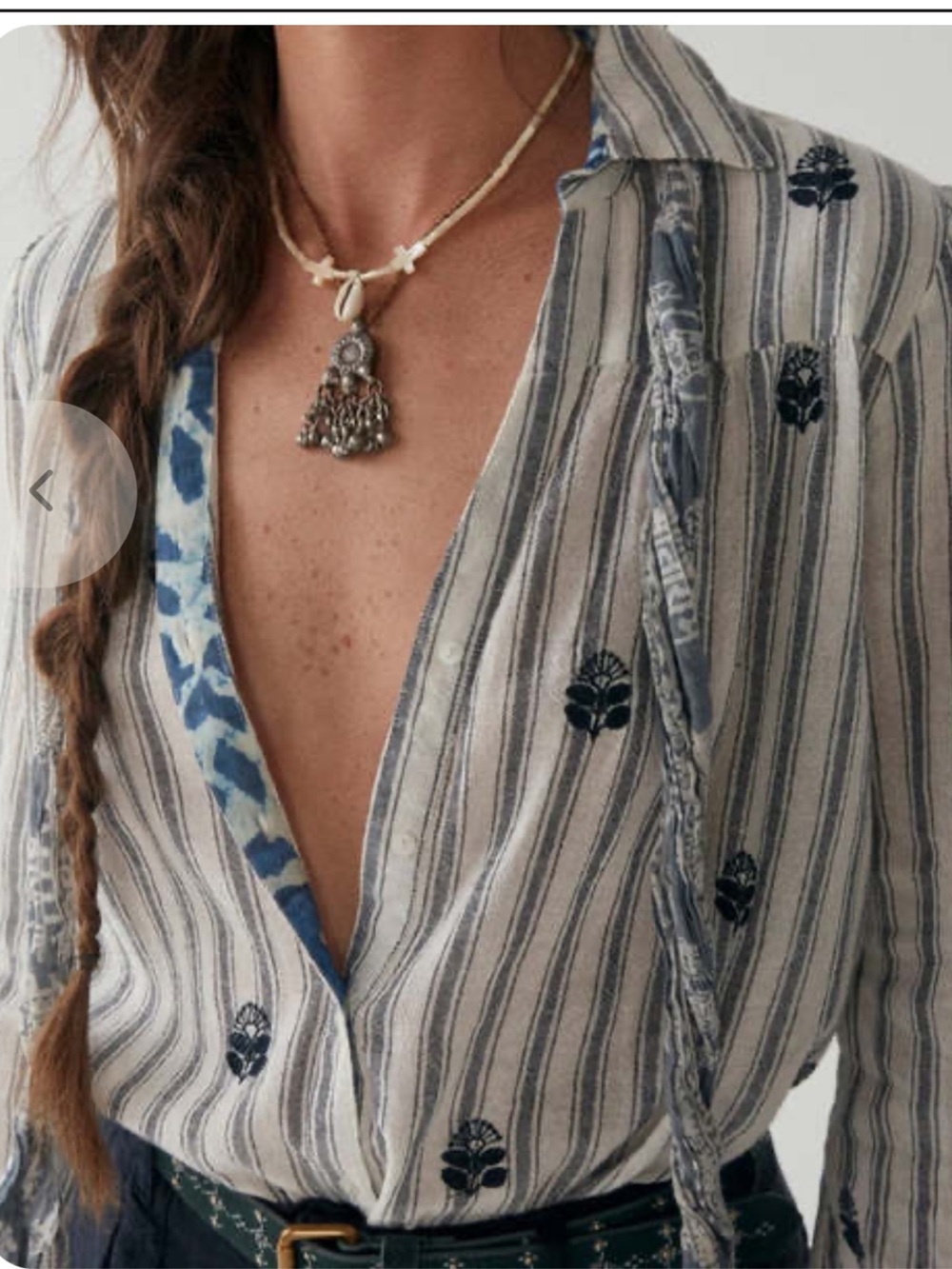 Striped Embroidered Button-Up Blouse
